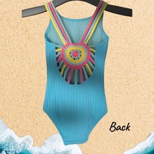 Breaking Waves Girls Light Blue One Piece Swimsuit XS 4/5 Crochet Heart NWOT